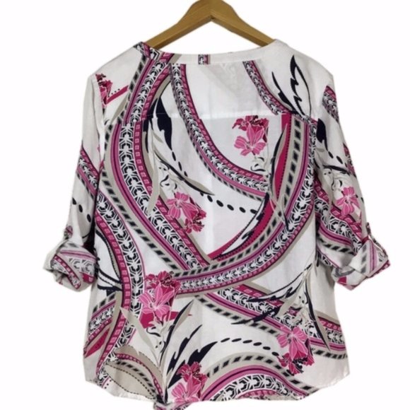 Linen Blend Floral Swirl Top Blouse JM Collection - Picture 4 of 8